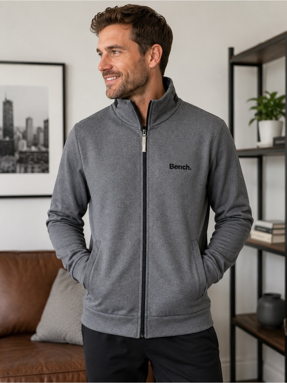 Bench Men’s Performance Full Zip Jacket Gray Thumb Hole Athletic Medium